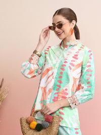 Indo Era Green Abstract Printed Spread Collar Shirt With Palazzos