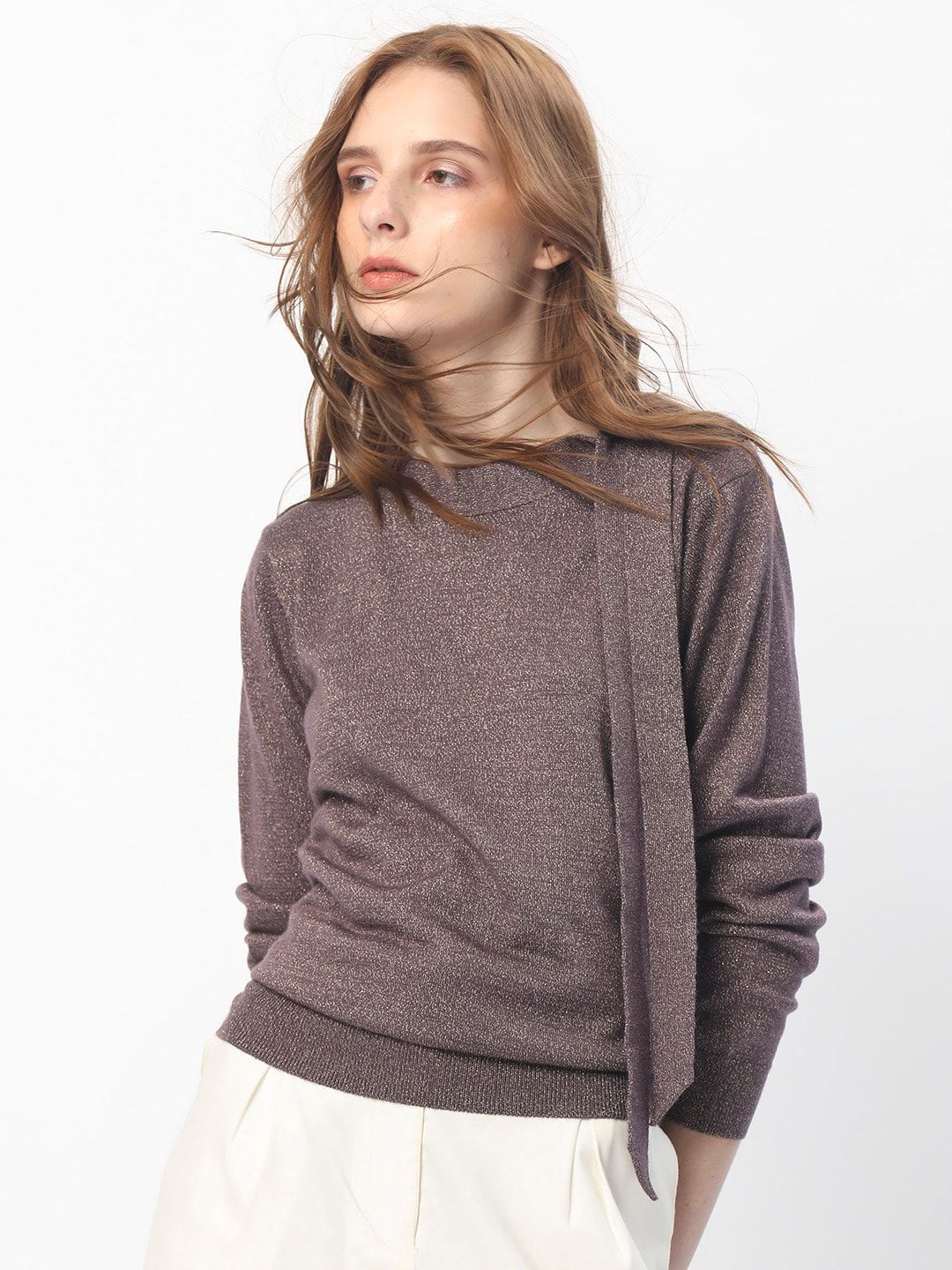 RAREISM Round Neck Acrylic Tie up Shimmer Sweater