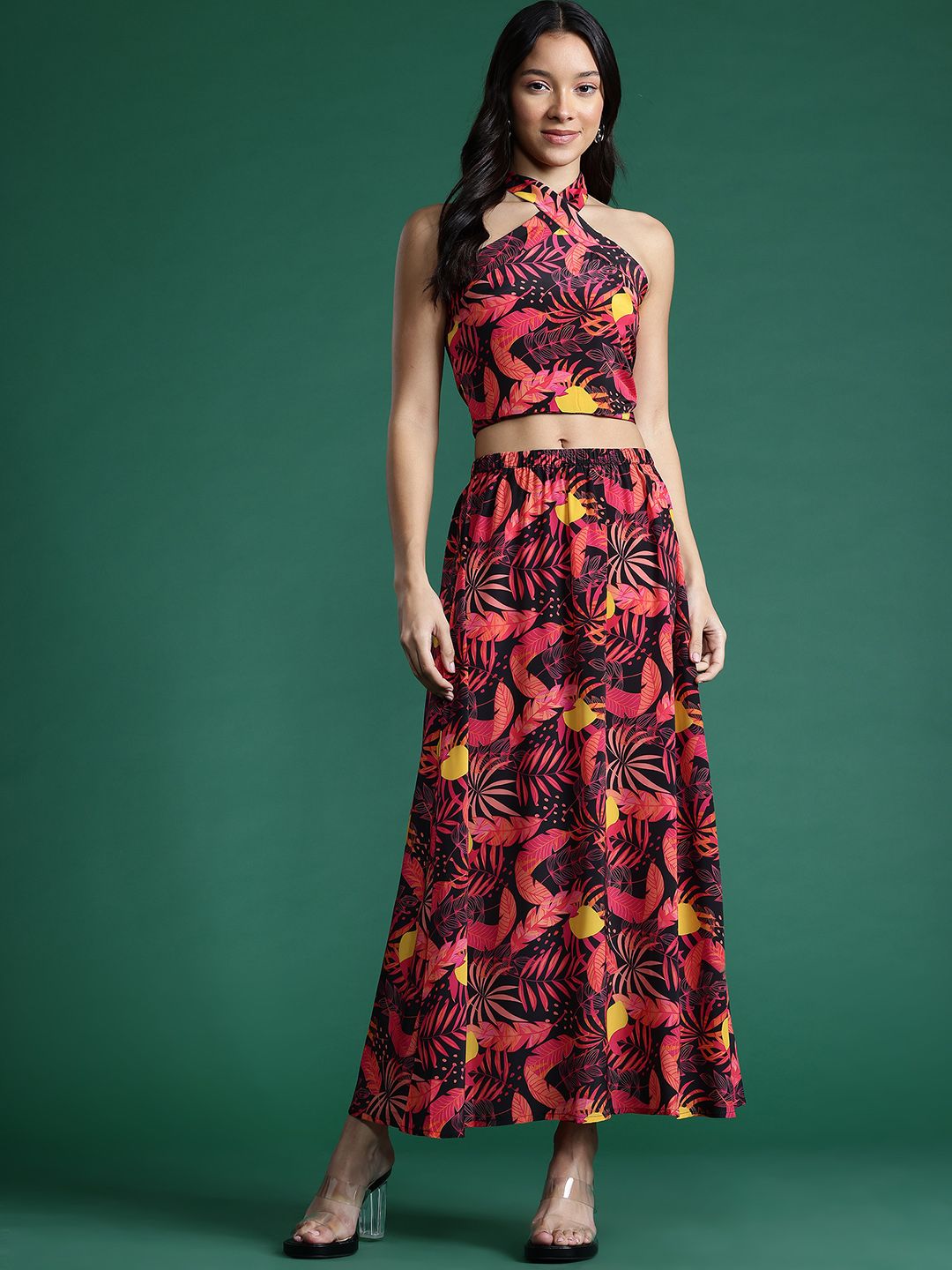 DressBerry Women Tropical Printed Smocked Top with Skirt Co-Ord Set