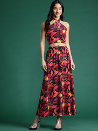 DressBerry Women Tropical Printed Smocked Top with Skirt Co-Ord Set