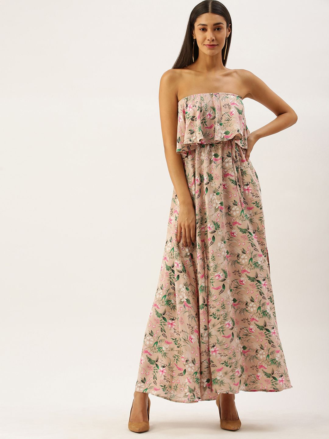 Berrylush Women Pink & Green Floral Printed Off-Shoulder Maxi Dress