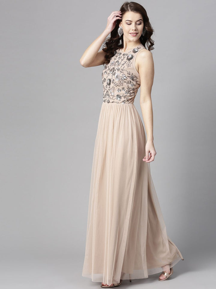 STREET 9 Women Beige Solid Maxi Dress with Embellished Detail