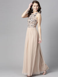 STREET 9 Women Beige Solid Maxi Dress with Embellished Detail