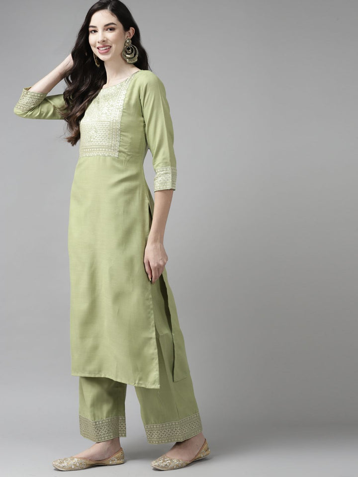 Indo Era Women Green Yoke Design Regular Kurta with Palazzos & Dupatta