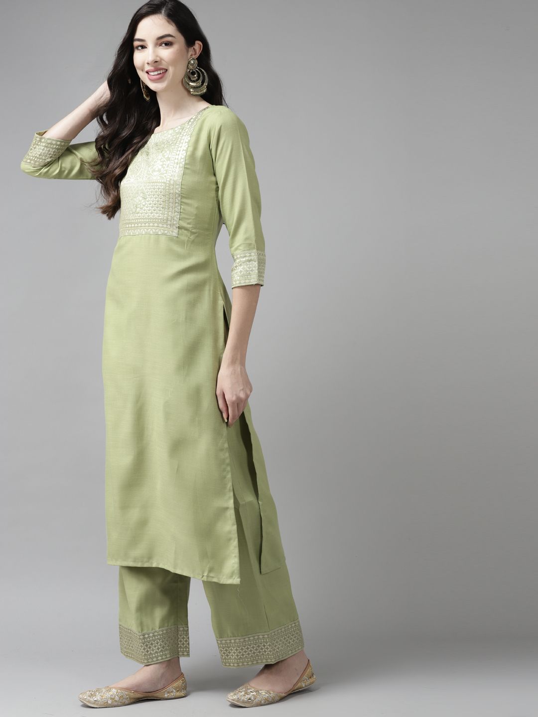 Indo Era Women Green Yoke Design Regular Kurta with Palazzos & Dupatta