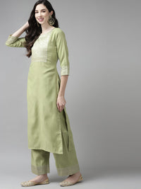 Indo Era Women Green Yoke Design Regular Kurta with Palazzos & Dupatta