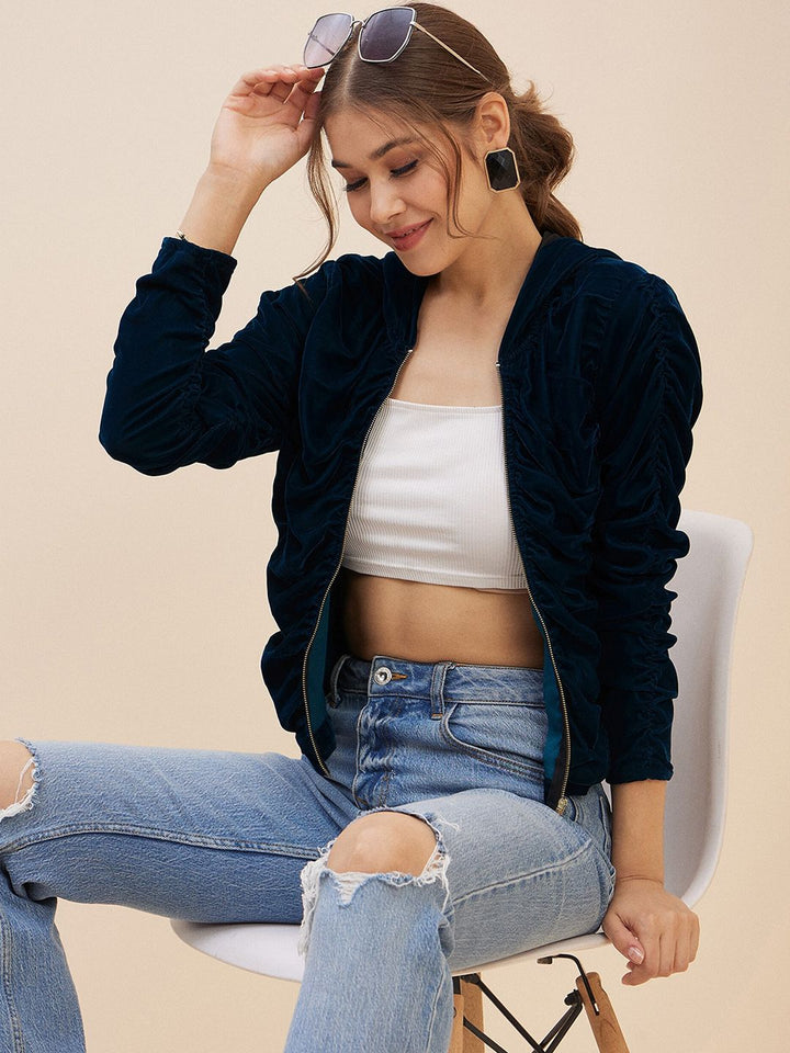 Antheaa Teal Blue Self Design Hooded Neck Long Sleeves Velvet Tailored Jacket