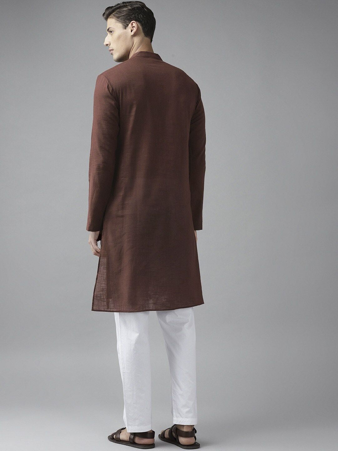 See Designs Men Brown Solid Thread Work Kurta