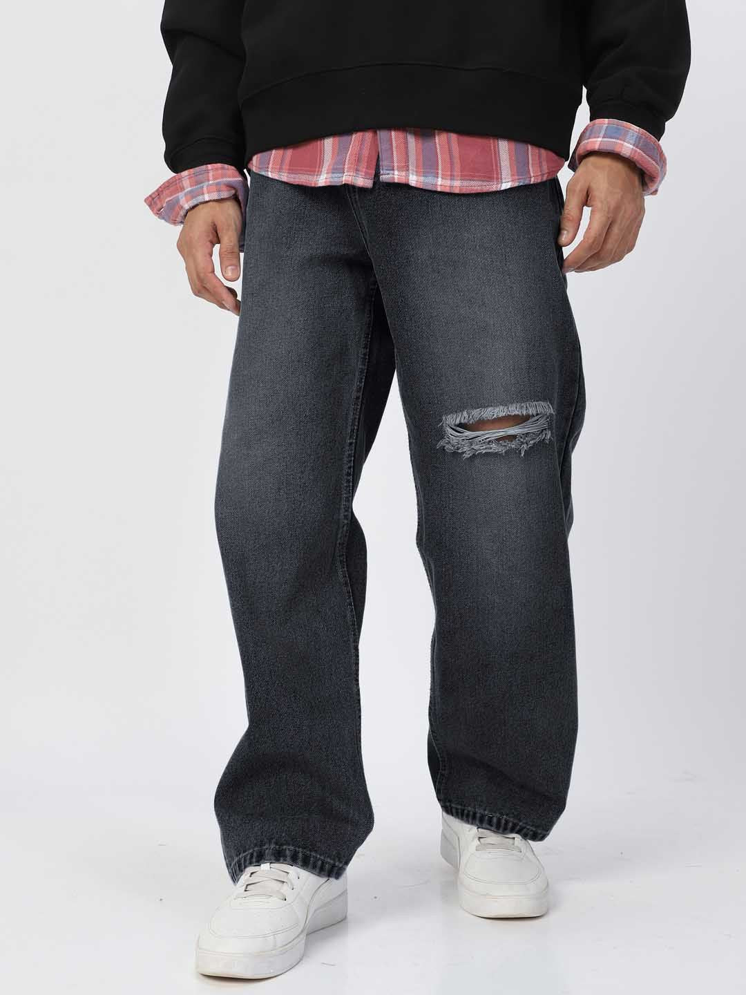 Urbano Fashion Men Pure Cotton Loose Relaxed Fit Slash Knee Heavy Fade Jeans