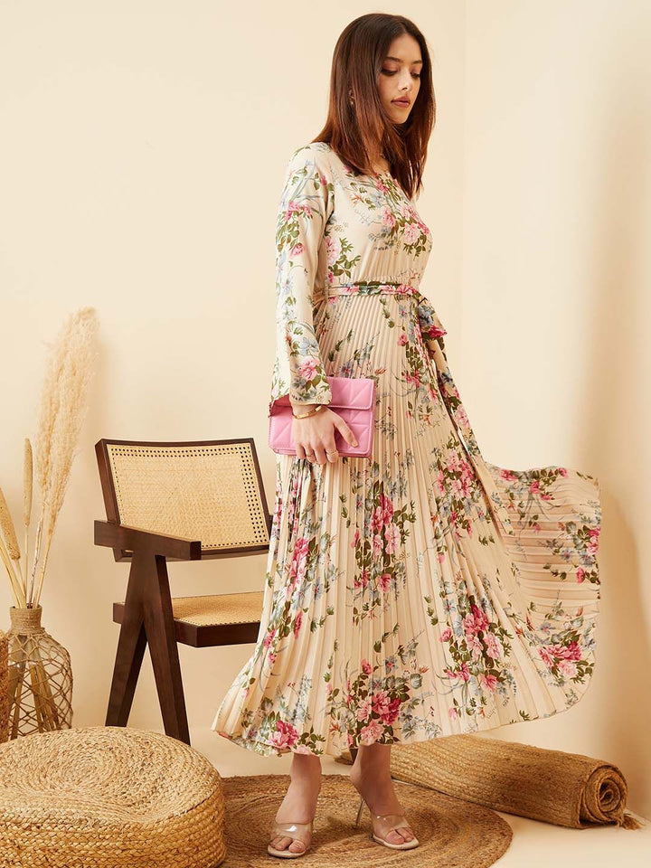 Berrylush Floral Print Bell Sleeve Crepe A-Line Maxi Dress