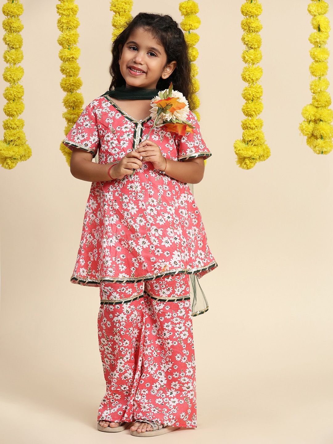 Cutiekins Girls Floral Printed Empire Gotta Patti A-Line Kurti with Sharara & Dupatta