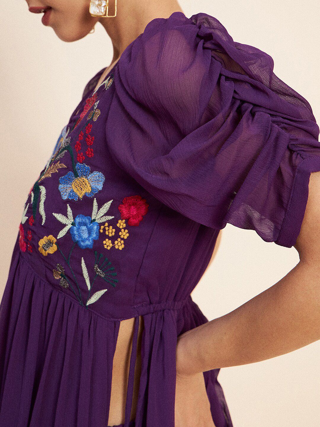 Antheaa Purple Floral Embroidered Empire A-Line Top With Palazzo
