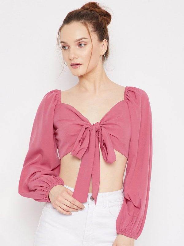 Berrylush Pink Sweetheart Neck Crepe Crop Top