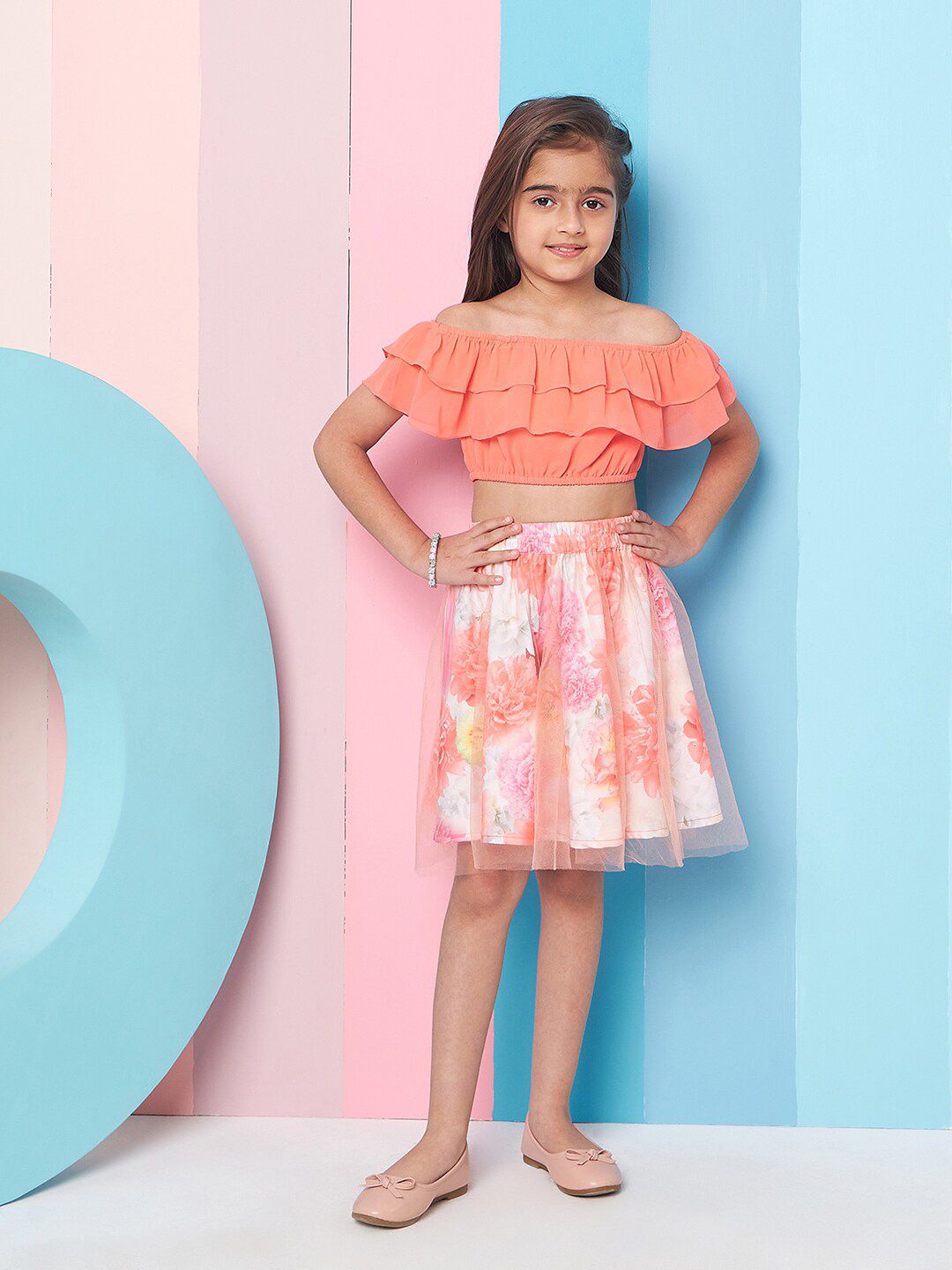 pspeaches Girls Floral Printed Off-Shoulder Top with Skirt