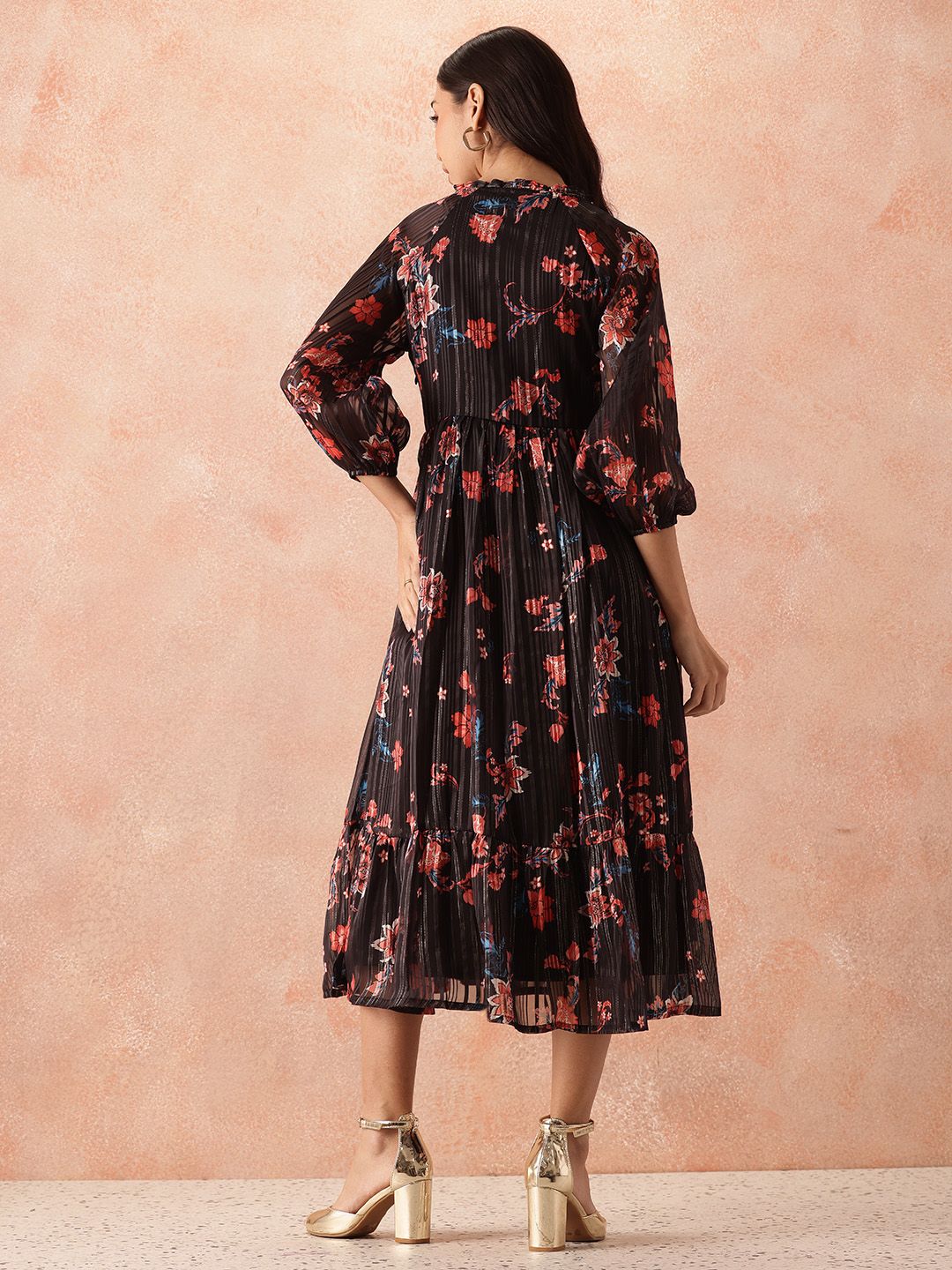 all about you Floral Print Tie-Up Neck Pleated Fit & Flare Midi Dress