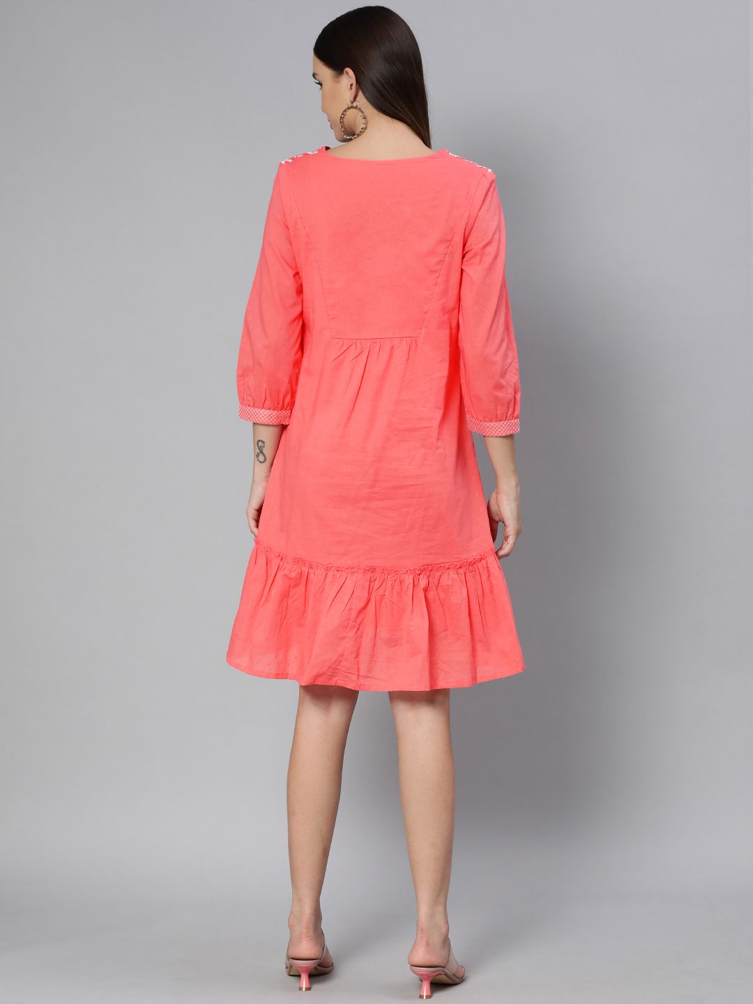 Global Desi Women Coral Pink & White Embroidered A-Line Dress