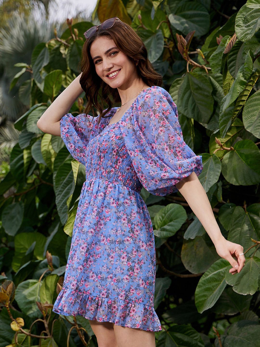 SASSAFRAS Floral Printed Smocked Fit & Flare Mini Dress