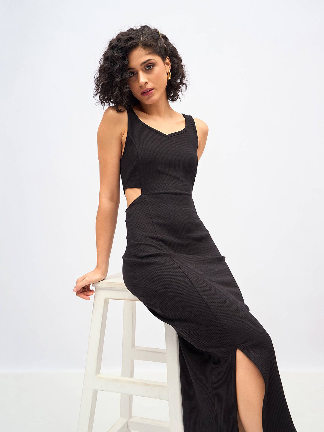 SASSAFRAS Black Cut-Out Midi Sheath Dress