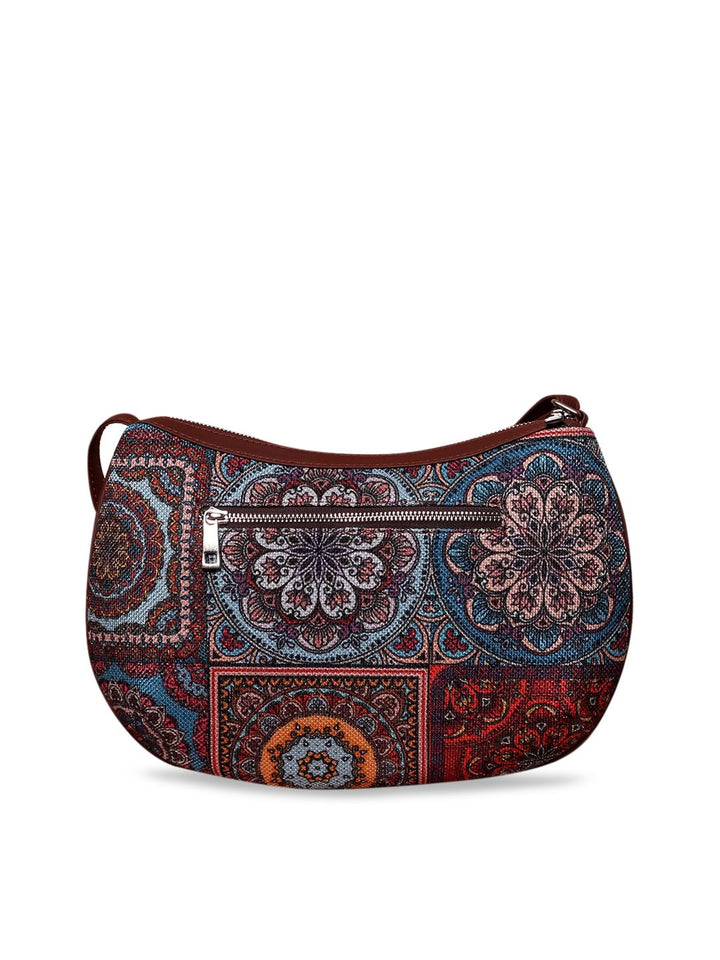 ZOUK Multicoloured Ethnic Motifs Printed Half Moon Sling Bag