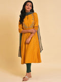 W Mustard Yellow & Green Embroidered Panelled A-Line Kurta Leggings & Dupatta