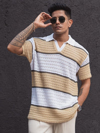 Powerlook Men Striped Polo Collar Pockets T-shirt