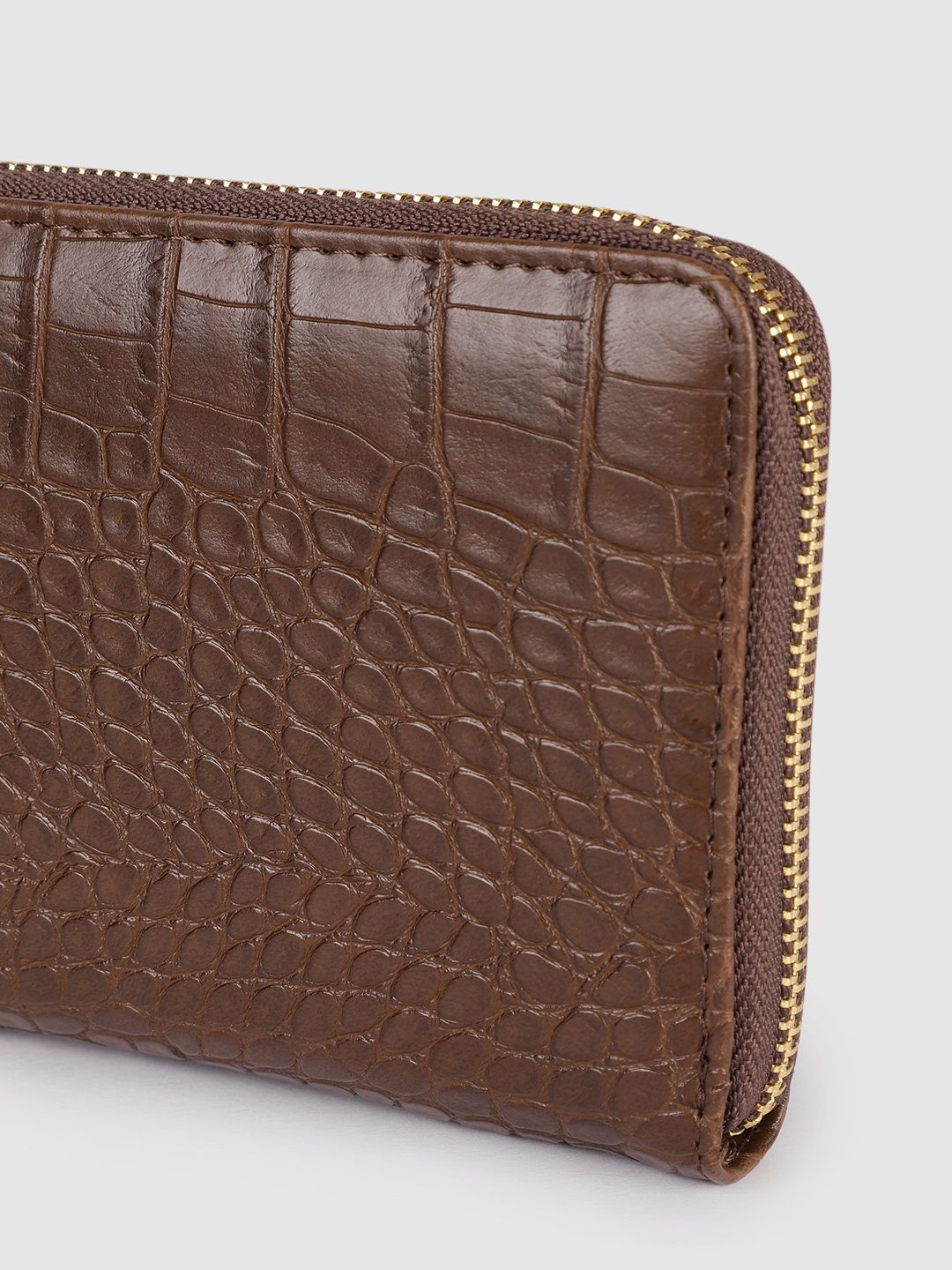 Lino Perros Women Coffee Brown Croc & Snakeskin Textured Zip Around Wallet