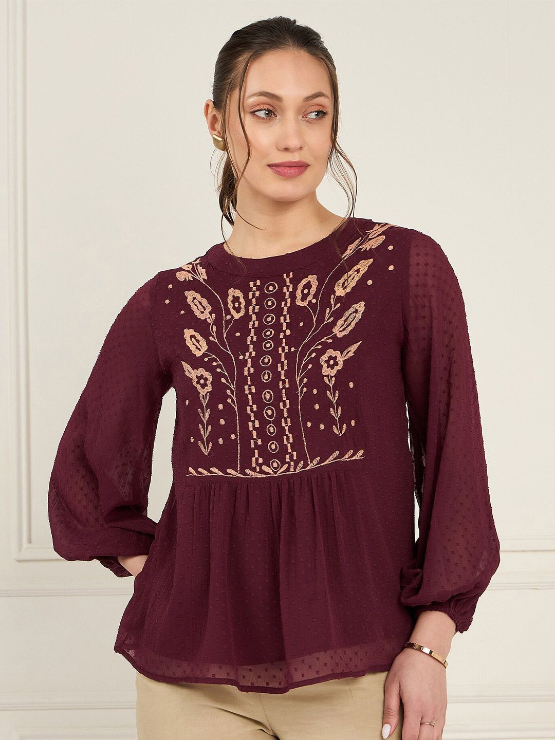 Antheaa Self Designed Mandarin Collar Embroidered Chiffon Top