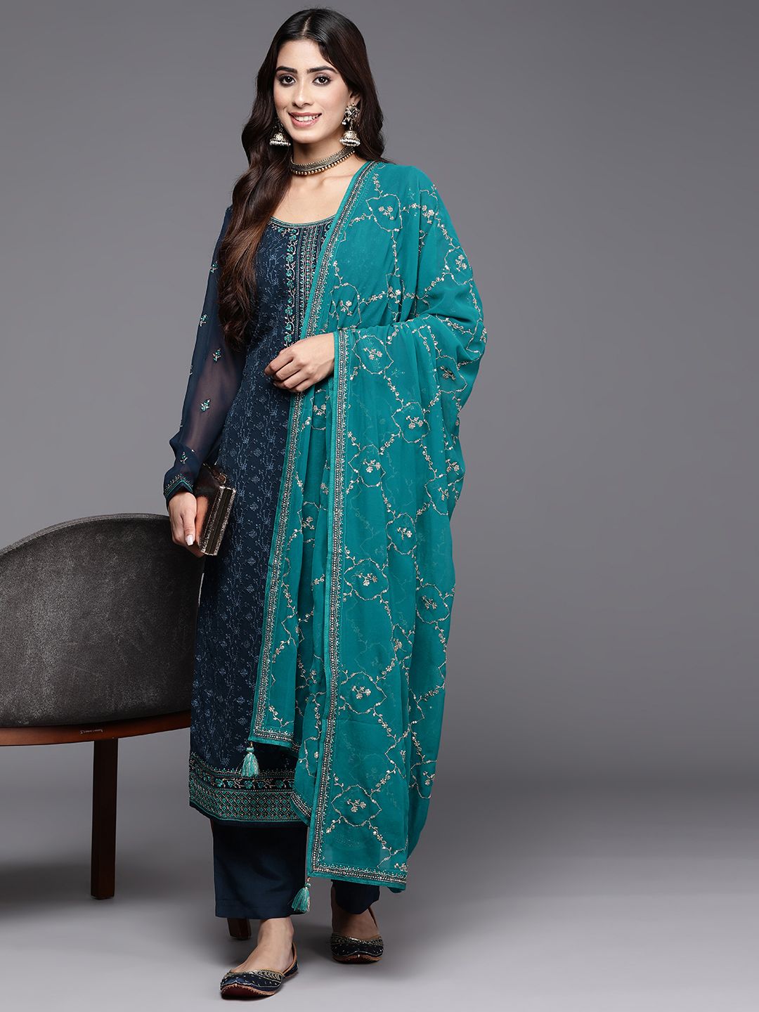 Libas Floral Embroidered Regular Mirror Work Kurta with Trousers & Dupatta