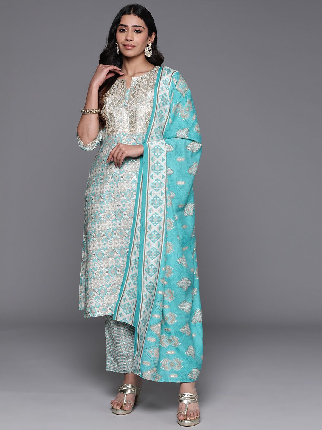 Libas Ethnic Motifs Printed Regular Sequinned Kurta with Palazzos & Dupatta