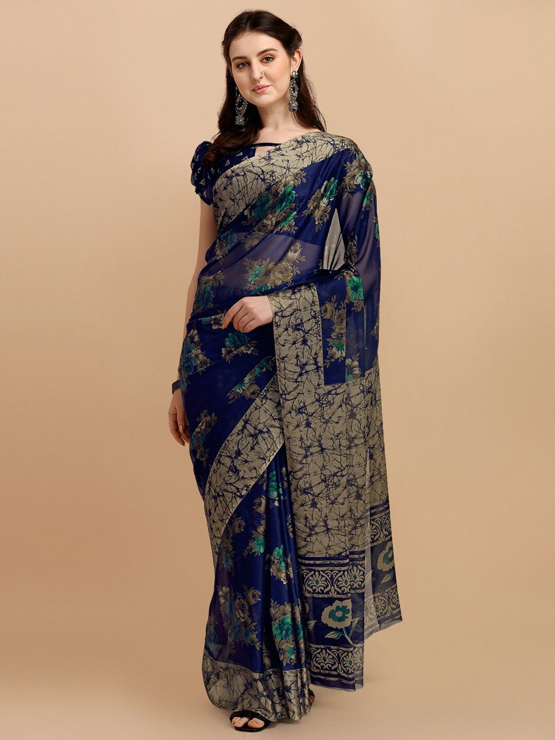 KALINI Navy Blue Floral Printed Saree