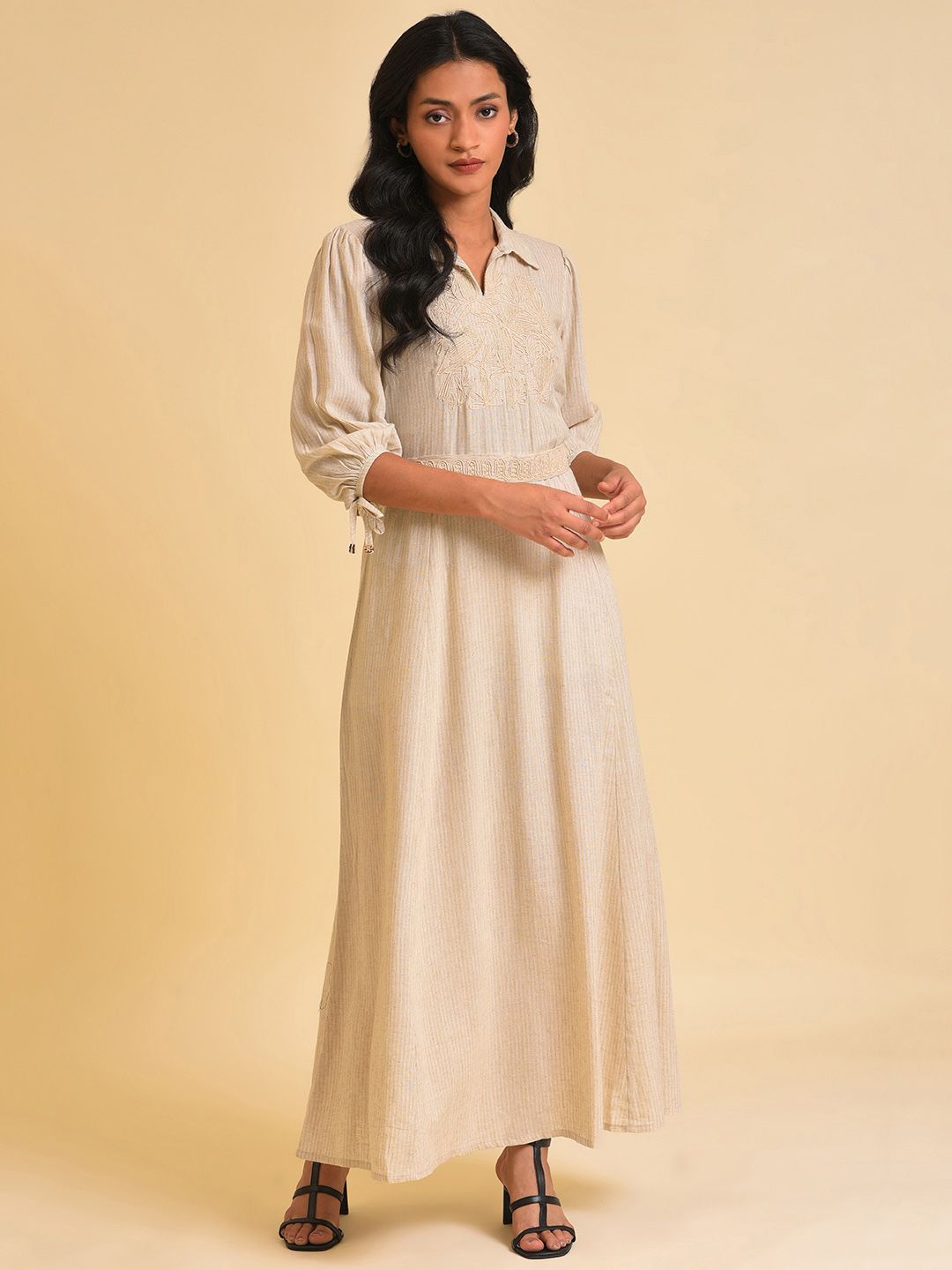 W Off White Floral Embroidered A-Line Maxi Dress With Belt