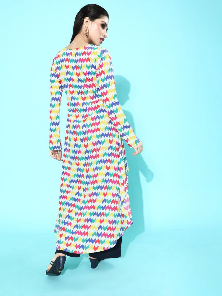 Berrylush Multicoloured Geometric Print Round Neck Polyester Crepe High-Low Longline Top
