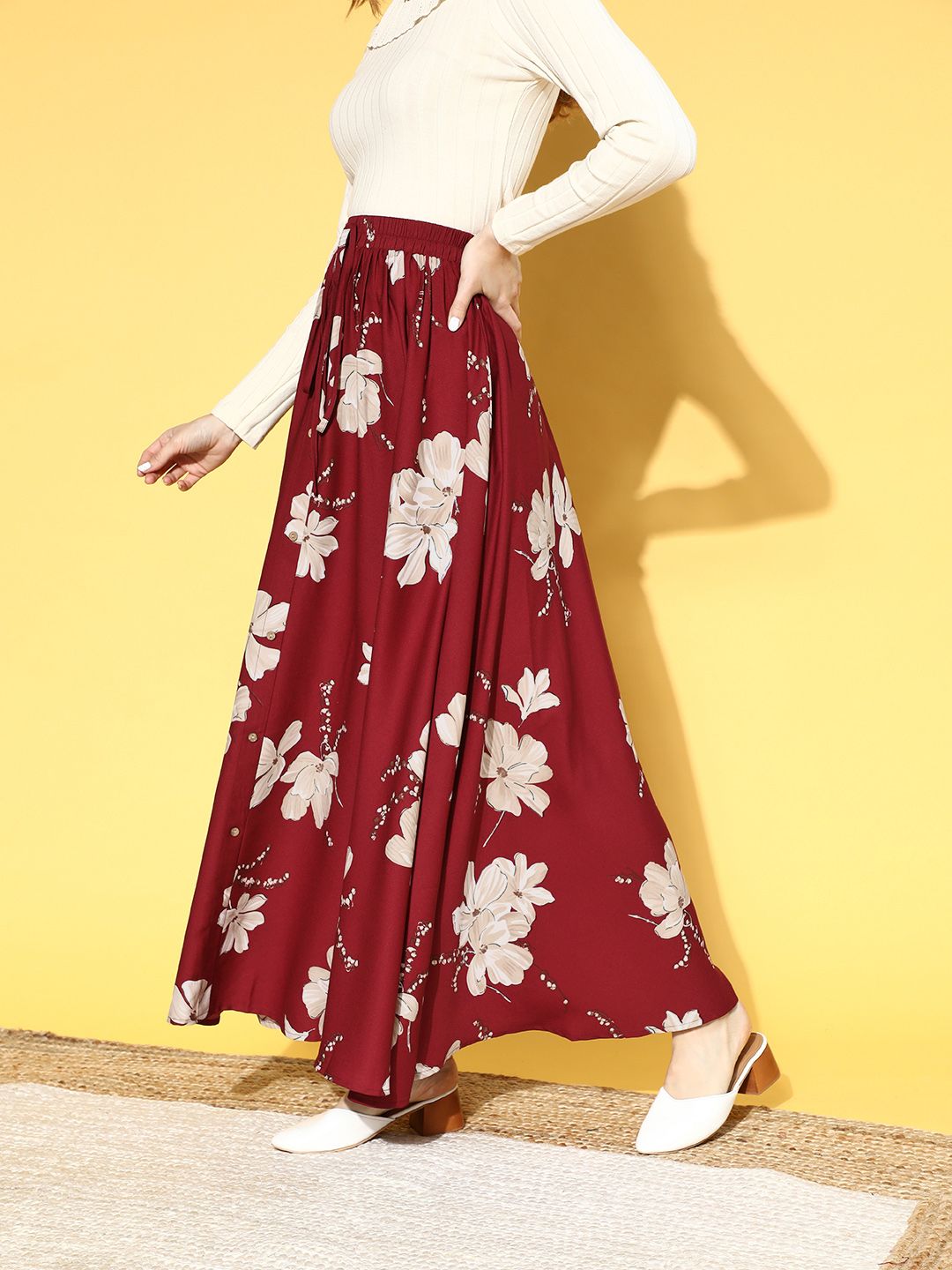 Berrylush Women Maroon Floral Printed Maxi Skirt