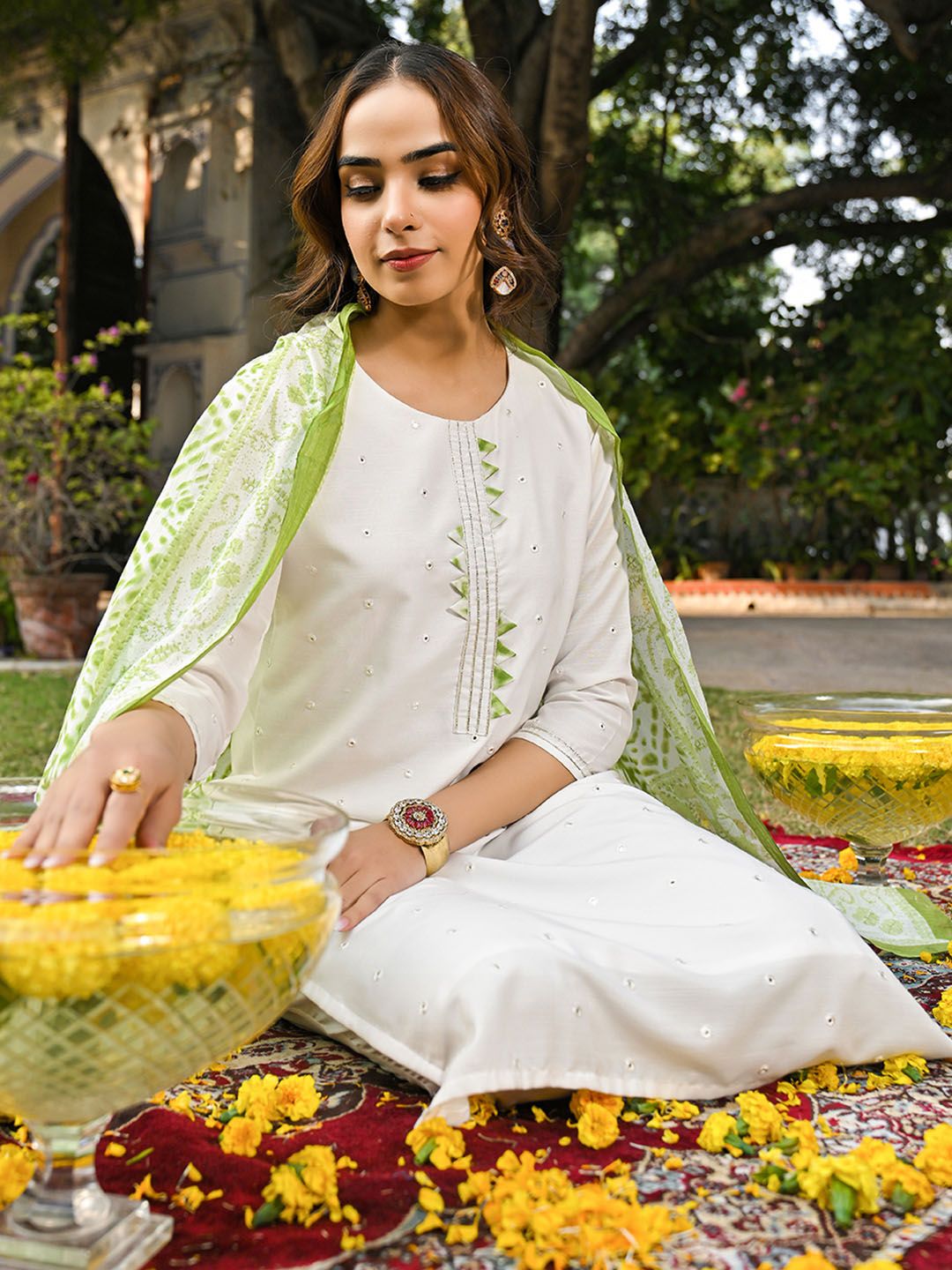 KALINI Women Embroidered Regular Gotta Patti Kurta with Trousers & With Dupatta