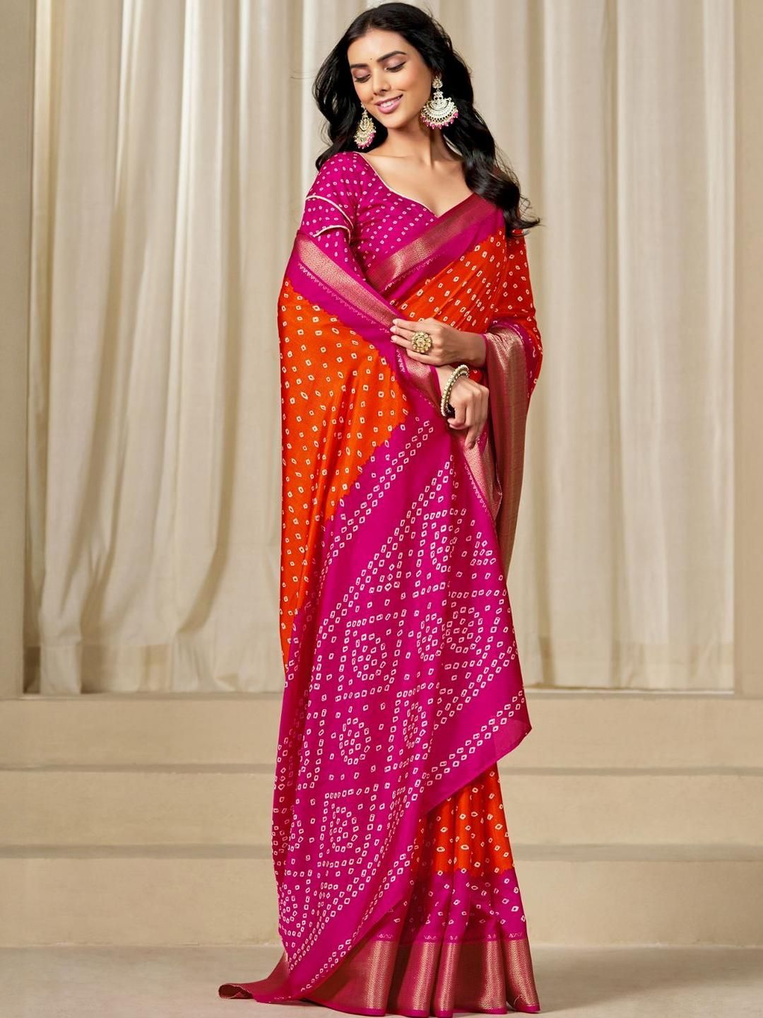 Kalini Women Dola Silk Bandhani Print Zari border Saree