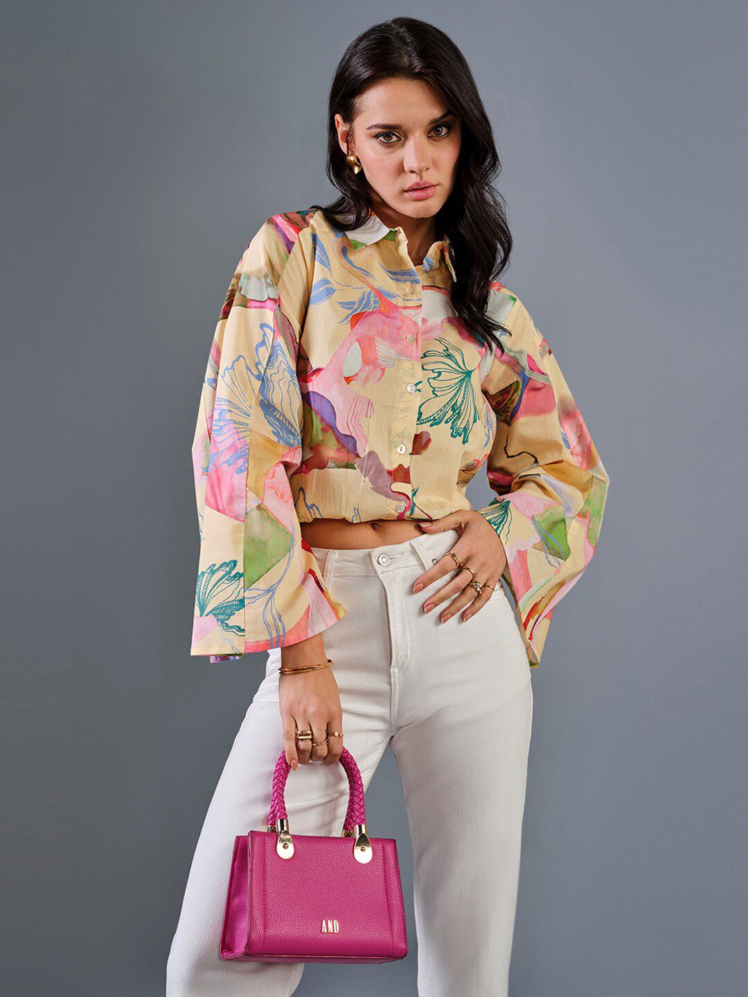 AND Floral Print Flared Sleeve Cotton Cape Top