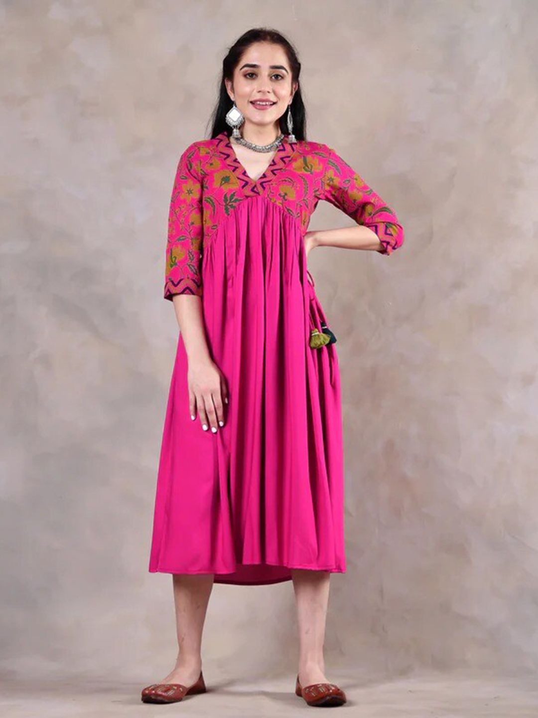 Rustorange Women Pink Floral Rayon A-Line Midi Dress