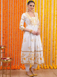 Vishudh White Floral Embroidered Empire Mirror Work Cotton Kurta with Trousers & Dupatta