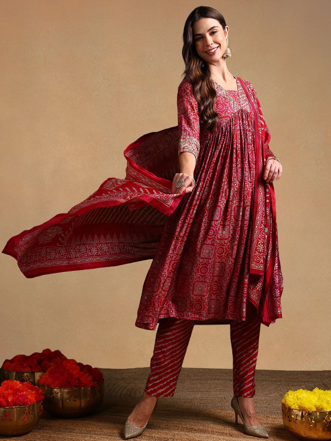 KALINI Ethnic Motifs Printed Zari Empire Anarkali Kurta with Trousers & With Dupatta