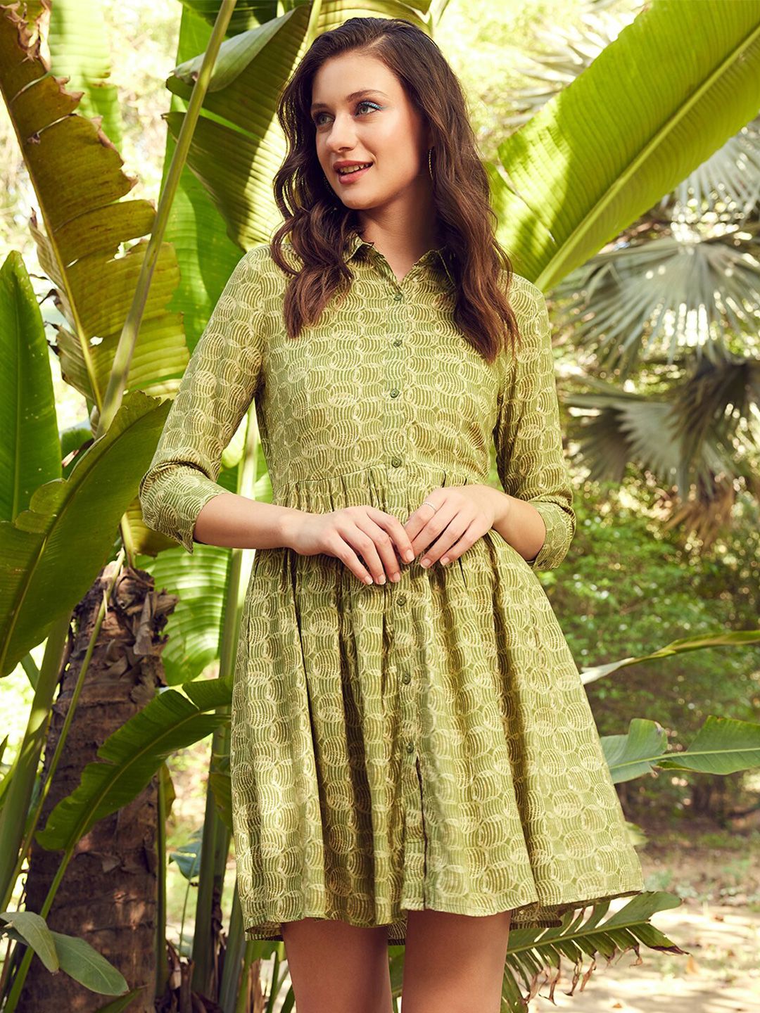 STREET 9 Printed Spread Collar A-Line Dress