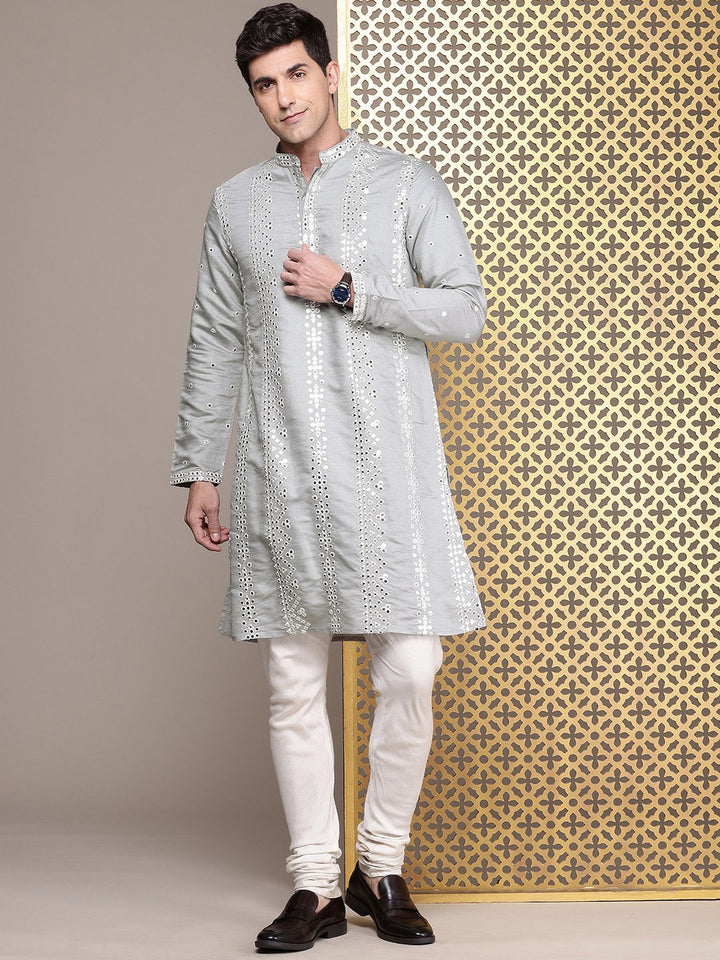 House of Pataudi Geometric Embroidered Mandarin Collar Mirror Work Jashn Kurta