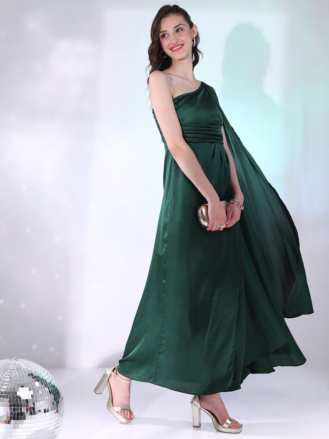 Tokyo Talkies Green One Shoulder Gathered Or Pleated Satin Wrap Hem Maxi Dress