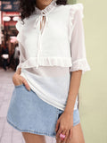DressBerry Romantic Ruffles Strike Tie-Up Neck Bell Sleeves Top