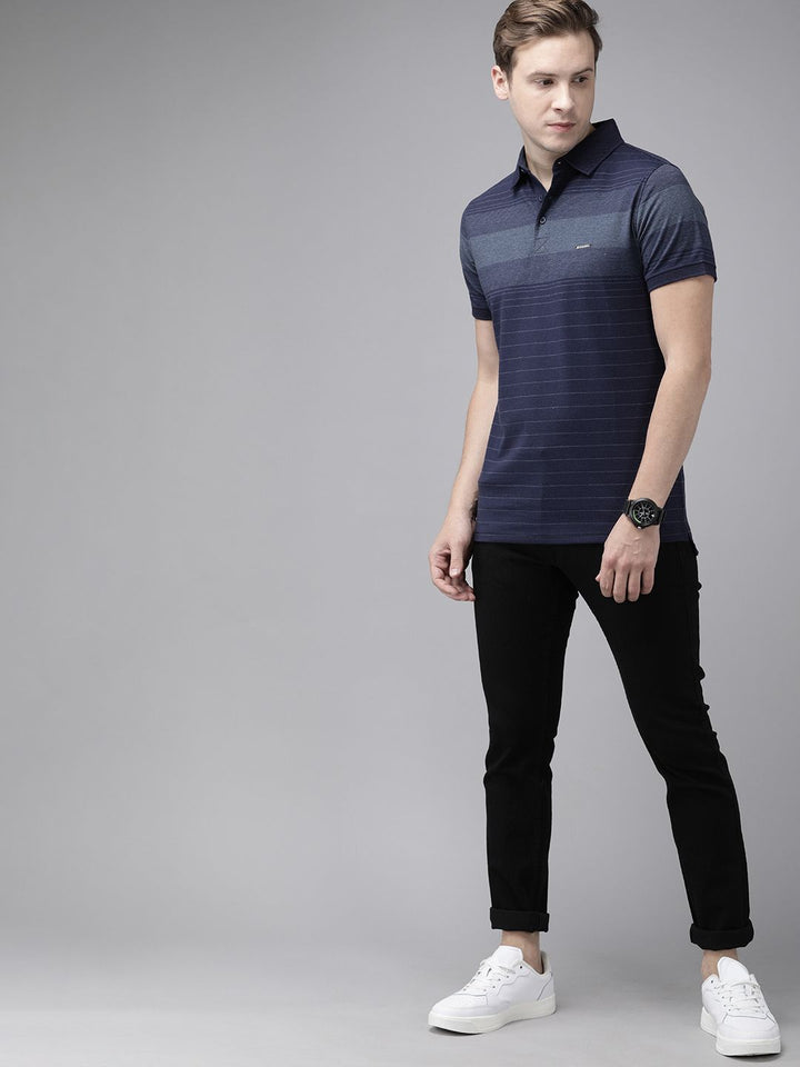 THE BEAR HOUSE Men Navy Blue & White Striped Polo Collar Slim Fit T-shirt
