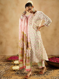 Indo Era Floral Printed V-Neck Pure Cotton Straight Kurta with Trousers & With Dupatta