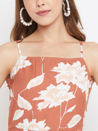 Berrylush Women Brown & White Floral Print Fit and Flare Dress