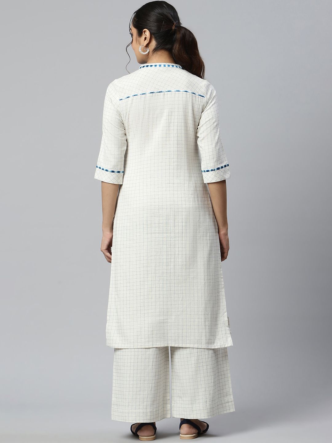 Aurelia Women Off White Geometric Print Cotton Blend Kurta Set with Palazzos