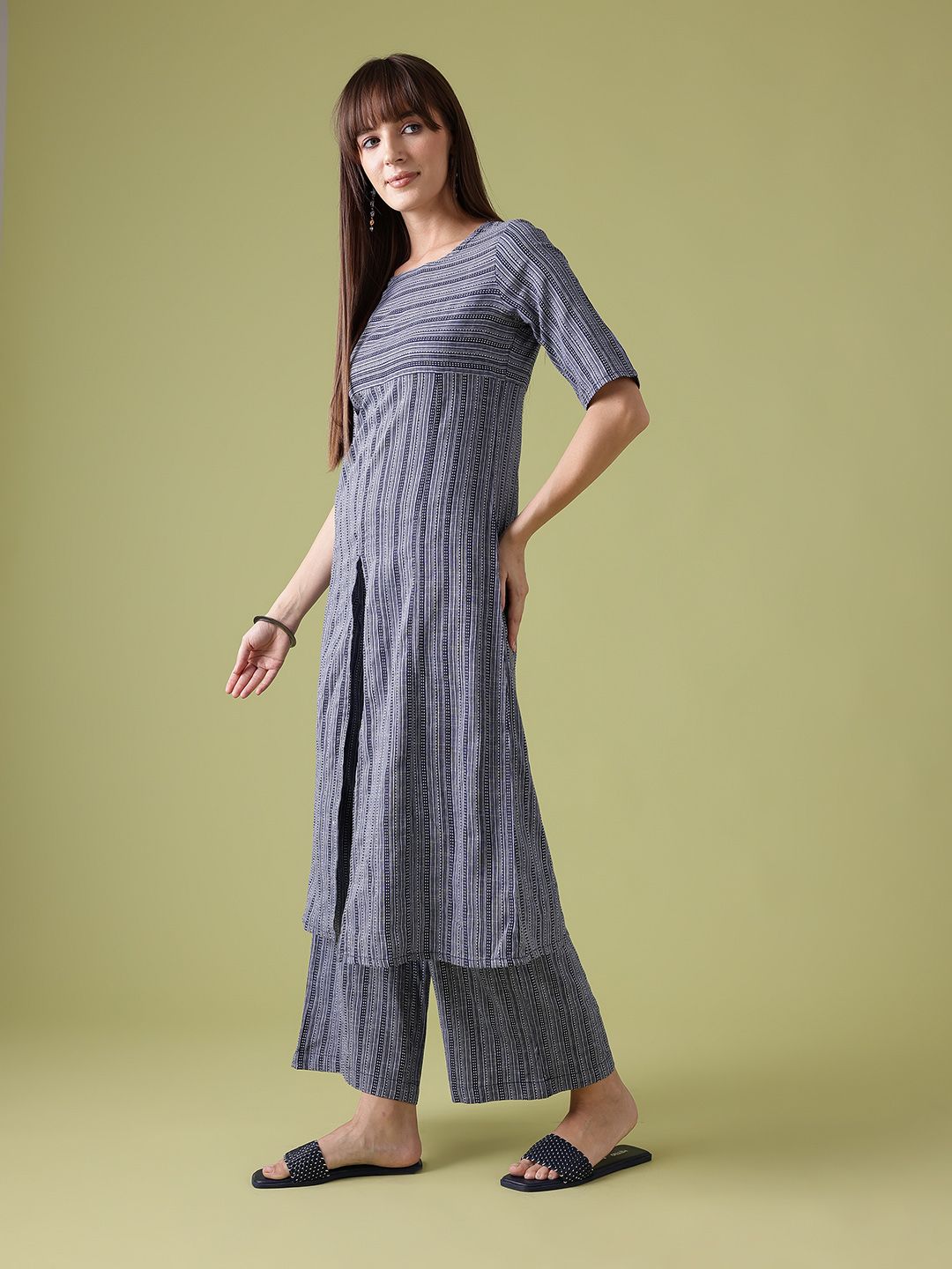 Anouk High-Slit Striped Kurta with Palazzos & Dupatta