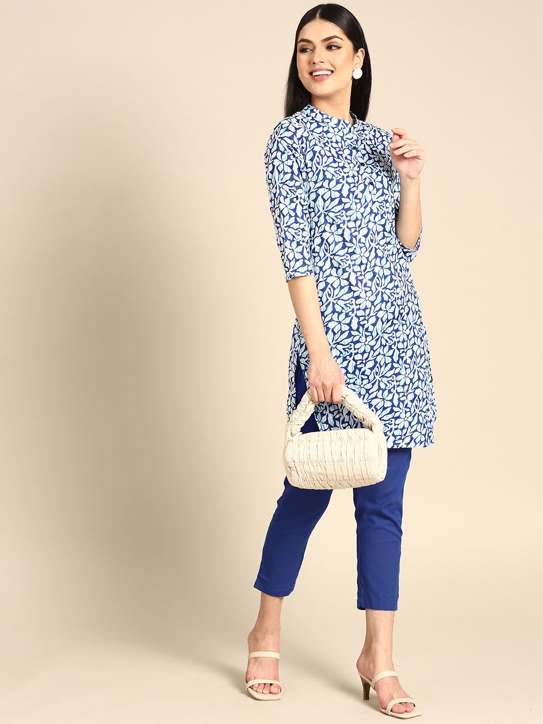 Anouk Women Blue Floral Printed Regular Pure Cotton Kurta with Trousers