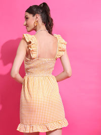 Tokyo Talkies Mustard Checked Cut-Out Smocked Bow  Fit & Flare Dress